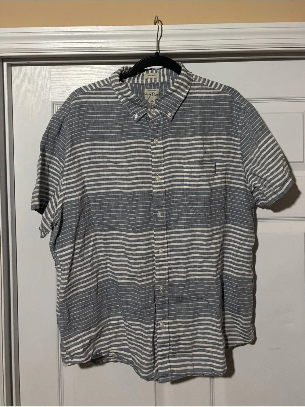 J.Crew Baird McNutt Irish Linen Shirt Mens XL Blue White Stripe Short Sleeve